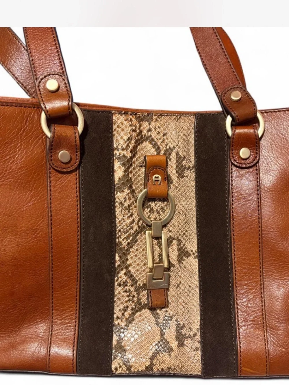 Vintage Y2K Etienne Aigner Cognac Brown Leather Messenger Bag with snakeskin